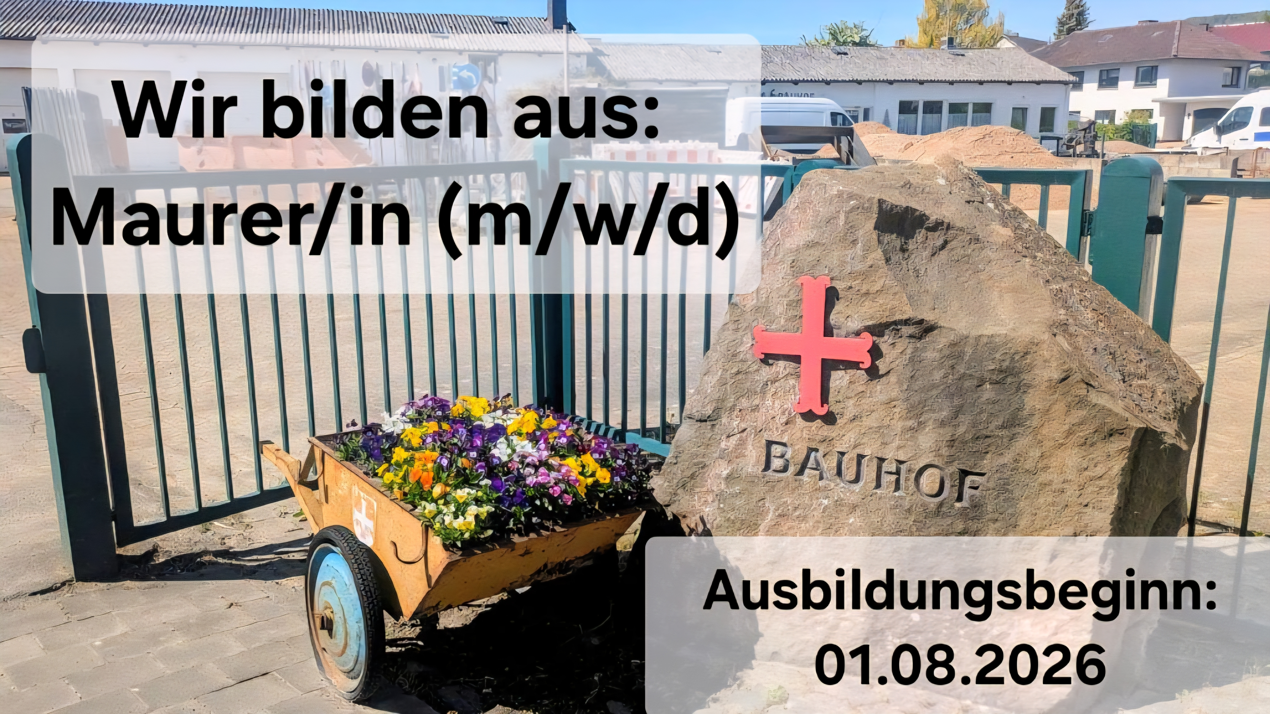 Bild mit Stein, Blumenwagen und Zaun